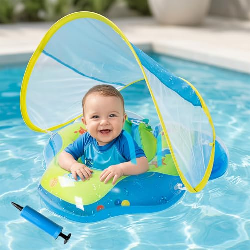 Olycism Salvagente Neonato con Parasole UPF50+ Ciambella Neonato Mare con Pompa ad Aria e Kit di Patch Materiali Adatti ai Bambini Carico massimo 20 kg per Bambini Verde-azzurro