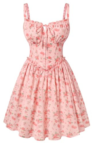 SCARLET DARKNESS Vestido corto de corsé para mujer, vestido victoriano floral, sin mangas, tirantes delgados, vestidos de verano para fiesta de deshierbe en la playa, Naranja Floral, S