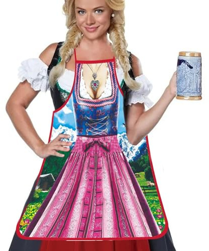 Tyskt förkläde, tysk dirndl oktoberfest klänning nyhet förkläden – fest med justerbara bindningsrep för matlagning trädgårdsarbete BBQ bakning