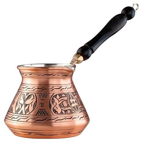 Awwertse Cafetière en Cuivre 18 Oz Turque Grecque Arabe avec Poignée en Bois (6 Portions) Cezve Ibrik Briki Cafetière de Cuisson sur la Cuisinière