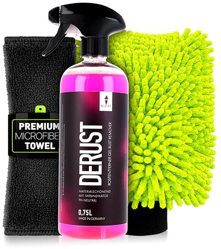 Auto Flugrostentferner Set | Wizard of Gloss DeRust 750ml mit Wirkindikator + Waschhandschuh + Mikrofasertuch 320 GSM | Eisenpartikelentferner für Lack & Felgen | Entfernt Bremsstaub & Flugrost
