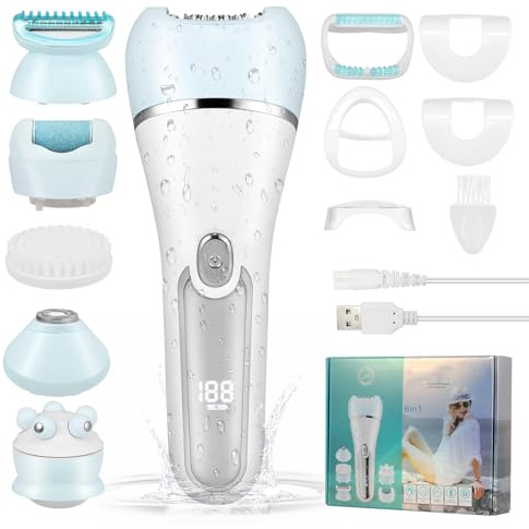 Epilator for Women, 6 in 1 Hair Removal with LED Light, 2 Speeds, Cordless Razor, Wet & Dry Lady Shaver, Face Massage Body Exfoliator, IPX7 Waterproof Electric Hair Remover for Legs Arms Armpit Bikini