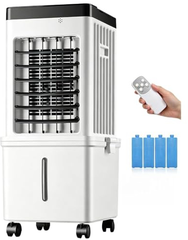Rafraîchisseur d'Air Évaporatif 3 en 1, Ventilateur Refroidisseur avec Humidificateur, Réservoir 15 L, 3 Vitesses, 3 Modes, Oscillation 120°, Télécommande, Minuterie, 65 W, Sur Roulettes