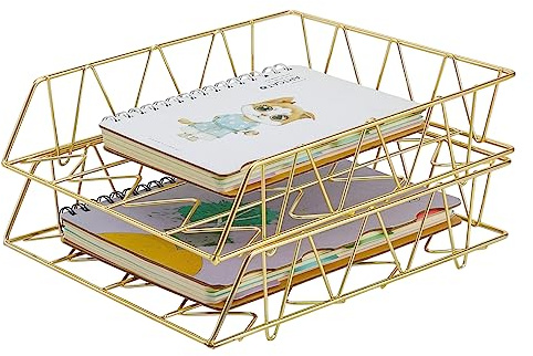 PAG Desktop File Organizer Metal Stackable Letter Tray Paper Holder Rack, 2 Pack, Gold