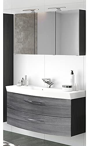 Lomadox Badmöbel Waschplatz Set in Eiche Rauschsilber Nb. & Graphit 120cm Waschtisch-Unterschrank & Waschbecken LED-Spiegelschrank & 3D-Ansicht und Steckdose