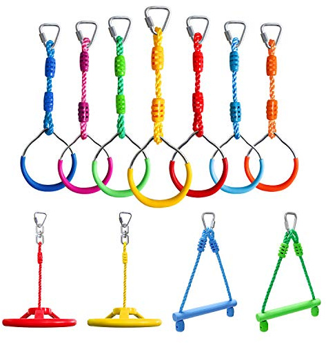 Craft Ninja Warrior Obstacle Course Accessories Kids Outdoor Play - 7pc Rings, 2pc Swing Trapeze Wheels & 2pc Monkey Bars