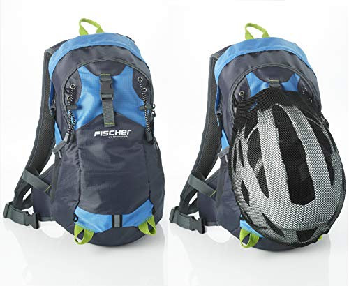 FISCHER Rucksack mit Helmnetz, Trinkblasenöffnung, Regencover, ergonomisches Tragesystem, Hüftgurt, Brustgurt, Blau/Grau