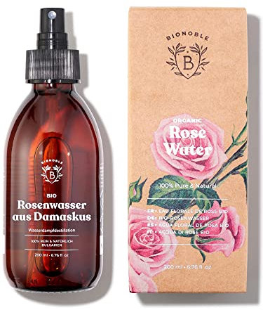 Bionoble Organic Rose Water 200ml - 100% Pure and Natural Damask Rose Hydrolat - Face, Eye Contour, Body, Hair - Glass Bottle + Spray