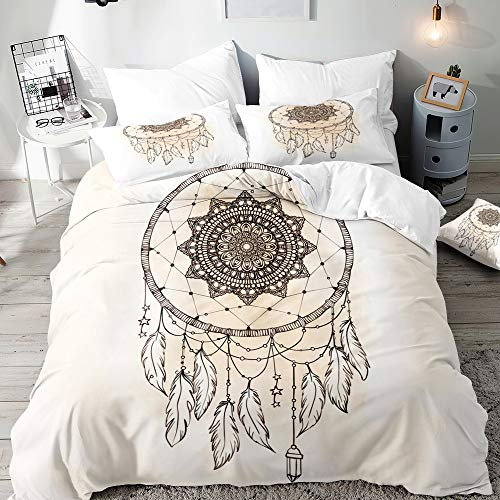 Morbuy 3D Traumfänger Drucken Bettbezug Bettwäsche Set - Erwachsene Kinder Bettwäsche-Set, Mikrofaser Weiche Bettbezug mit Reißverschluss und Kissenbezüge (135x200cm,Beige)