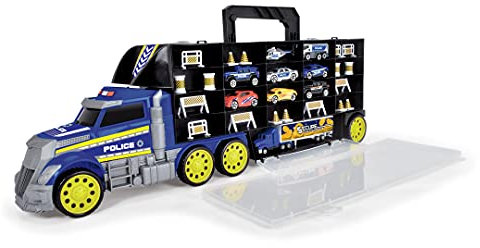 Dickie Toys - Polizeiauto-Transporter - mit Tragegriff inkl. 8 Autos, EIN Helikopter & Zubehör, Polizei-LKW mit Platz für 42 Spielzeugautos, für Kinder ab 3 Jahren