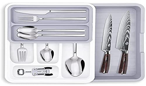 MDHAND Besteckkasten für Schubladen, Erweiterbar, Verstellbar, der ideale Schubladen-Organizer für die Küchenschublade, Halter für Besteck, Besteck, 8 flexible Fächer (Weiß-grau), S-001
