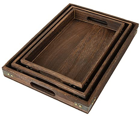 GOYADA Set of 3 Rectangular Wooden Serving Trays with Cutout Handle, Butler Wooden Serving Platter, Large Medium Small Nesting Breakfast in Bed Serving Trays for Coffee Food Home Kitchen Table Bar