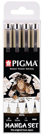 SAKURA Pigma Manga-Stifte-Set in Sepia (4 Stück) | wasserfeste, permanente Tinte, verschiedene Größen | Fineliner und Pinselstifte für Cartoons und Zeichnungen