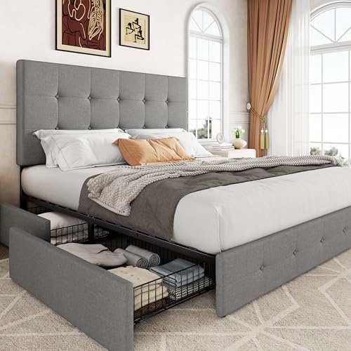 Allewie Full Size Storage Bed Frame with 4 Underbed Drawers, Upholstered Platform Bed with Adjustable Headboard, Square Button Tufted, Easy Assembly, Noise-Free, No Box Spring Needed, Light Grey