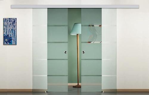 Porta scorrevole doppia anta in vetro a due ante contrapposte con maniglietta inox (70+70 x 210 cm) (VETRO RIGHE TRASPARENTI)