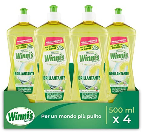 Winni's - Additivo Brillantante Lavastoviglie Ipoallergenico, con Estratto di Limone Bio, Contro Residui e Macchie, con Materie Prime di Origine Vegetale, 500 ml x 4 Confezioni