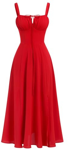 Odizli Korsett Kleid Damen Sommer Sexy Ärmellos Spaghettiträger Trägerkleid Midi Kleid mit Schlitz Lang Sommerkleid Festlich Hochzeitsgäste Hochzeit Ballkleid Lang Abendkleid Abschlusskleid Rot S