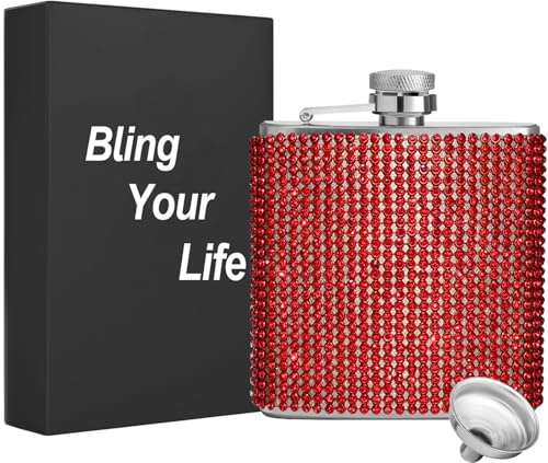 WINCHERRIA Flasks for liquor for women- Diamond Hip Flasks, Glitter Stainless Steel Leakproof Hip Flasks with Funnel,Bling Rhinestone Hip Flask for Liquor,Cute liquor flasks for women (Red, 6oz)