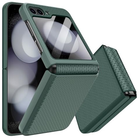 Giyer Handyhülle für Samsung Galaxy Z Flip 6 Hülle mit Displayschutzfolie Scharnierschutz, Rutschfester Textur Hard PC Rugged Stoßfest Schutzhülle für Samsung Z Flip 6 5G Flip Case Cover (Grün)