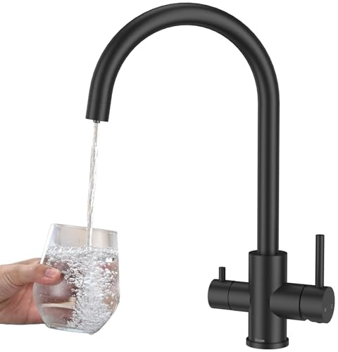 Rubinetto Lavello Cucina 3 Vie, DETBOM Miscelatore da Cucina per Sistemi Osmosi, 3 in 1 Acqua Potabile a Doppia Leva, Calda e Fredda, Girevole a 360°, Acciaio Inox, Nero Opaco