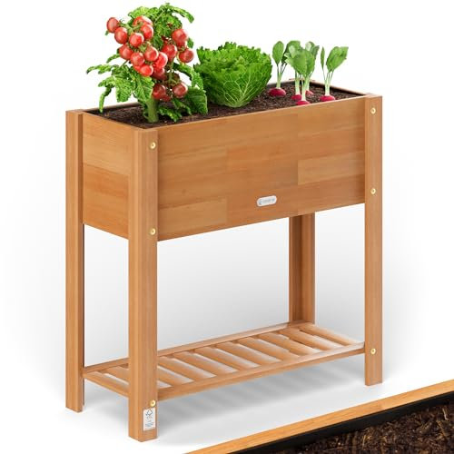 CASARIA® Wooden Raised Bed Flower Pot Planter | Garden Trough | 68x30x75cm | Solid FSC® Certified Acacia Wood | 2-Levels | Weatherproof | 2 Tier Shelf | Natural Brown