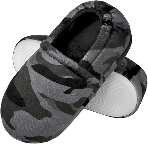 Fuppia Boys Non-Slip Memory Foam Slippers for Little/Big Kids - Indoor/Outdoor Camouflage Grey Size 4-5
