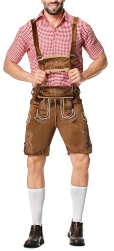 Generisch Lederhose Herren Oktoberfest 2 Teilige Trachtenset Trachtenlederhosen für Herren/Trachten Hose + Trachtenhemd/Kariertes Hemd, Trachtenhose Kurze Lederhosen Oktoberfest Outfit