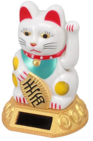 Tiiyee Solar Lucky Cat, Maneki Neko Waving Auto for Home Desk Car (White)
