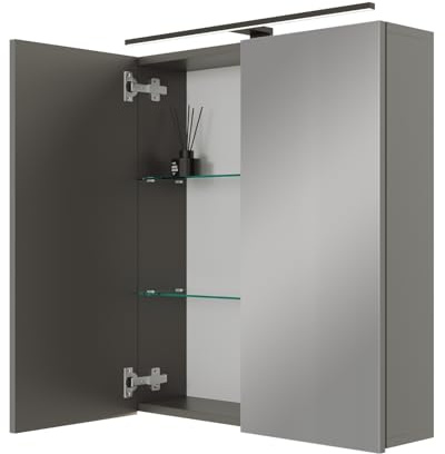 Planetmöbel ARIA Spiegelschrank Bad mit Beleuchtung 60 cm breit | Badschrank hängend mit Spiegel, Anthrazit, mit Leuchte und Steckdose, Spiegelschrank Gäste WC 60 x 70 x 16 cm
