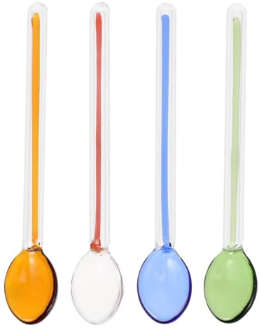 Amosfun Cuillères à Remuer en Verre Résistantes la Chaleur Compatibles Lave-vaisselle Lot de 4 Long Manche pour Mélanger Café et Sucre