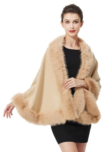 BEAUTELICATE Capa de Abrigo Punto con Chal de Piel Sintética de Conejo Poncho Estola de Pelo Mujer Cardigan de Boda para Fiesta Invierno (Carmel,Talla única)