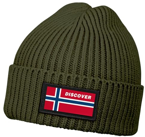 Neverless® Herren Beanie Wintermütze mit Patch Norwegen Flagge Aufdruck Print Strickmütze Männer Rippstrick