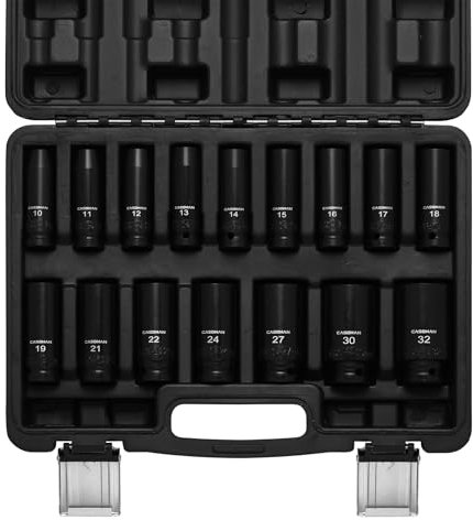CASOMAN 16 PCS 1/2-Inch Drive Metric Impact Socket Tool Set, 10 to 32mm, 6-Point Deep Impact Sockets, CR-V