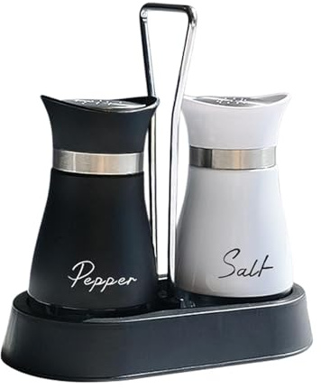 Salt and Pepper Shakers Set, Stainless Steel Salt and Pepper Sets with Condiment Holder, Salt and Pepper Pots Condiment Set for Restaurant, Wedding, Housewarming Gifts (Black + White)