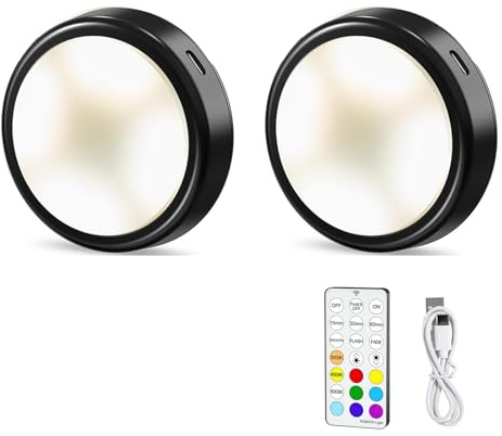LED Spot Akku USB Aufladbar, 2000 mAh Aufladbar Puck Lights mit Fernbedienung, RGB und 3000K/4500K/6000K Vitrinenbeleuchtung, Dimmbar Magnetische Unterbauleuchten für Küche und Regal (Schwarz-2 PCS)