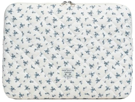 CHAMAIR Housse matelassée à manches bouffantes pour ordinateur portable de 15 - Motif floral mignon - Housse esthétique pour MacBook 14 15 (bleu)