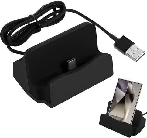 Estación de carga negra tipo C con cable USB-C para smartphones Android, carga rápida y transferencia de datos.
