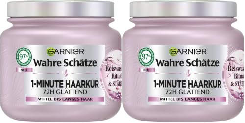 Garnier Wahre Schätze 1-Minute Haarkur für mittellanges bis langes Haar, Glättende Haarkur mit Reiswasser und Stärke, Für mehr Glanz und Geschmeidigkeit, Reiswasser Ritual & Stärke, 1 x 340 ml