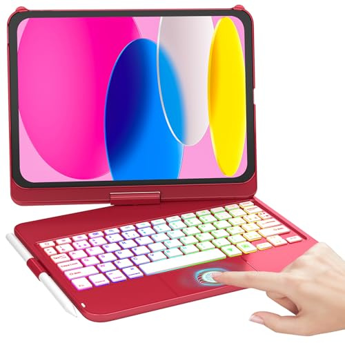 MMK Clavier pour iPad 11/10ème Génération (A16 11 Pouces 2025/10.9 2022) | Èclairage Coloré à 7 Couleurs & Réveil/Veille Automatique, Smart Trackpad avec Porte-Stylet, Clavier Français AZERTY, Rouge