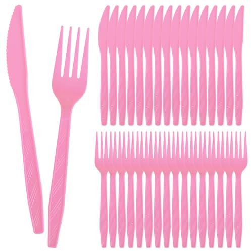 Wiederverwendbaren Besteck Set, 100 Stück Party Besteck Gabeln Mit 50 Gabeln Und Messer Reusable Für Familie Partys Geburtstagsfeiern Hochzeiten, Rosa