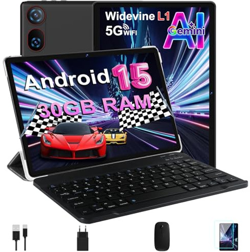 DMOAO Tablet 10 Pollici Android 15 con 30 GB RAM + 2TB ROM Espansione, FHD Tablet con Tastiera e Mouse, 5G Wi-Fi, GPS, Widevine L1, Octa-Core, USB-C, BT 5.0, 6000 mAh, 8MP+5MP, Gemini AI, Nero