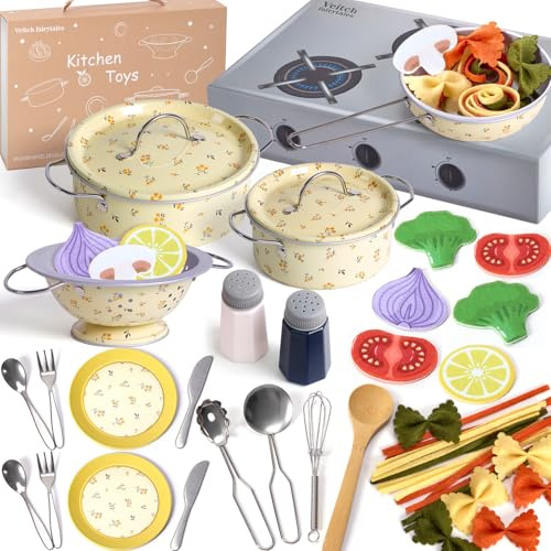 Veitch fairytales Matschküche Zubehör Outdoor Kinderküche Geschirr Set mit Spieltöpfen | Zubehör für Spielküche, Kindergeschirr & Küchenspielzeug | Kinder Küchenzubehör für Matschküchen (Gelb)