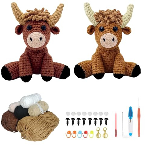 Chingcoo Häkelset für Anfänger,Tiere DIY 2 Stück Schildkröte Crochet Kit mit Video Anleitung, Häkel Garn & Zubehör für Erwachsene Kinder Geschenk Bastelset (Hochlandrind)