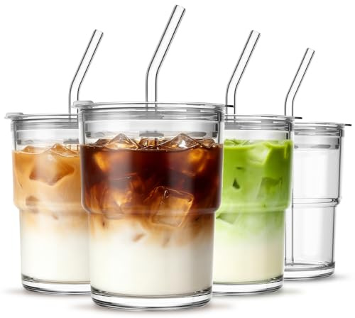 INSETLAN Juego de 4 vasos de vidrio portátiles de 13 onzas, vasos de vidrio de pared gruesa con tapa y popote de vidrio, tazas de café para llevar para café helado, té, leche, bebidas calientes y