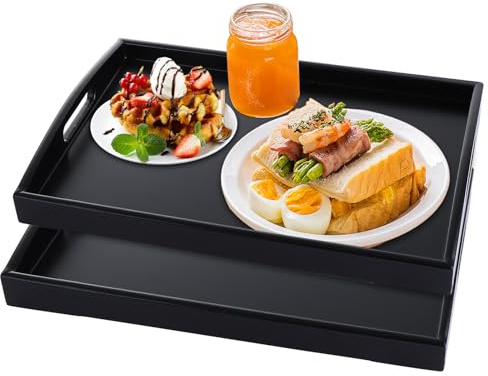 SHUESS 2 Pack Wooden Tray - 41 x 28 x 5cm Rectangular Black Bamboo Tray with Handles - Trays for Food Serving - Large Serving Trays with Handles for Breakfast, Tea, Coffee, Eating