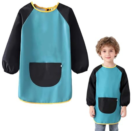 LACHT Grembiule Pittura Bambini 3 a 8 Anni, Grembiule Asilo Bambino Grembiule Pittura Impermeabile con Maniche e Tasca Grande per Scuola Pittura Cucina （L/100-120cm）