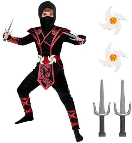 BSBUY Ninja-kostym barn, halloween, ninja, maskeraddräkt med ninja-tillbehör, krigare, ninja, muskeldräkt för pojkar, flickor, lyxig ninja rollspel outfit för halloween, cosplay, temafest (L)