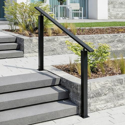 HavenGlide Treppengeländer Schwarz 100CM, Hauseingang Handlauf mit Pfosten, Einstellbare Geländer Außen und Innen, Metall Handlauf für Treppen Brüstung Balkon Veranda (Bodenmontage)