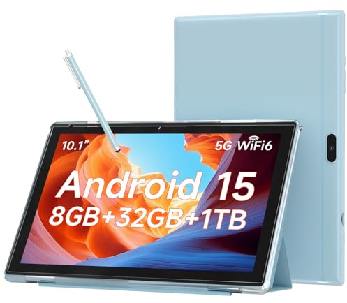 WUIUHOU 10.1 Inch Android 15 Tablet, 8GB RAM 32GB Storage, HD IPS Display, 5G WiFi 6,6000mAh Battery, Dual Camera for Video Call, Tab with Case & Stylus Pen for Work/Study Tablet with case (Blue)