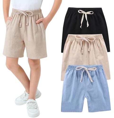 Kids 3 Pack Linen Shorts Boys Girls School Athletic Shorts with Drawstring Summer Running Gym Sports Pants Plain Elastic Waist Beach Trousers Activewear